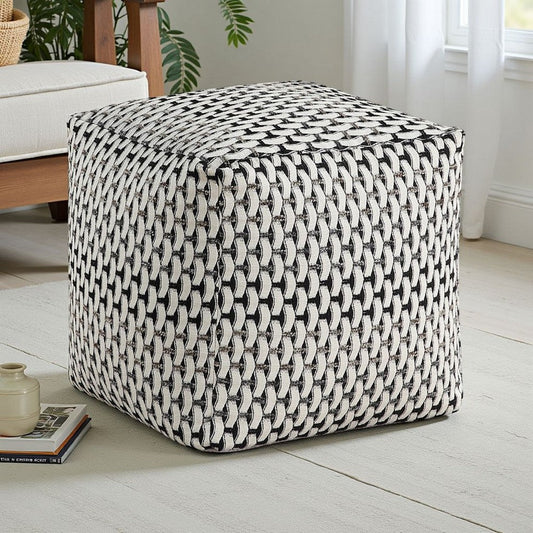 Modern Pouf Ottoman | Black White Basket Woven Jacquard | 16" Square
