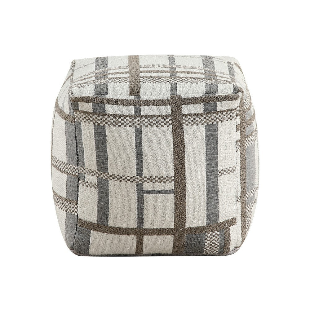 Modern Pouf Ottoman | Beige Gray Chunky Plaid Jacquard | 16’’ Square BM336168