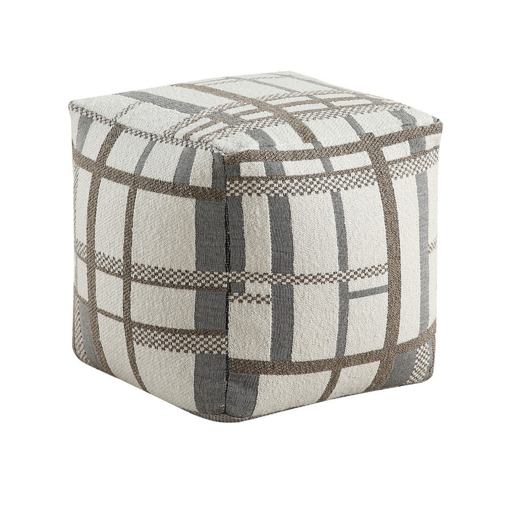 Modern Pouf Ottoman | Beige Gray Chunky Plaid Jacquard | 16" Square