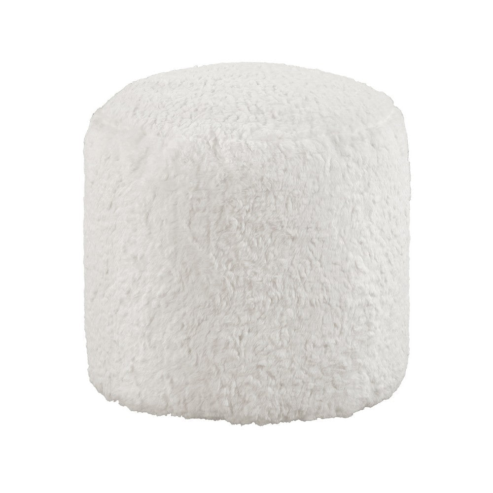 Modern Pouf Ottoman | 16’’ Round w Fluffy Off White Faux Fur Texture BM336171