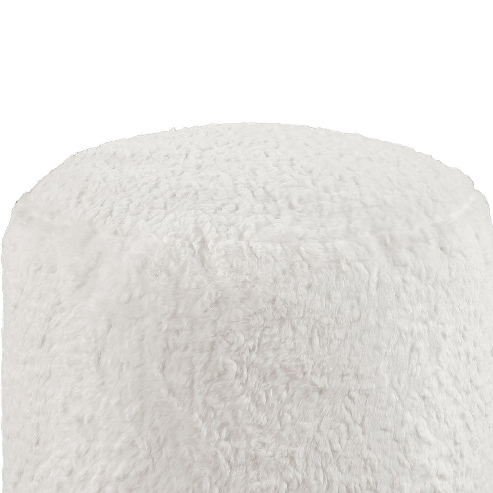 Modern Pouf Ottoman | 16’’ Round w Fluffy Off White Faux Fur Texture BM336171