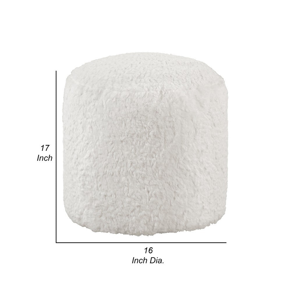 Modern Pouf Ottoman | 16’’ Round w Fluffy Off White Faux Fur Texture BM336171