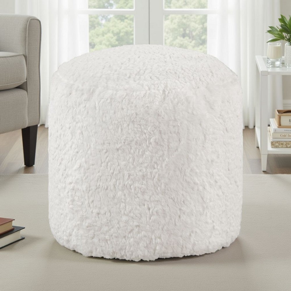 Modern Pouf Ottoman | 16" Round w Fluffy Off White Faux Fur Texture