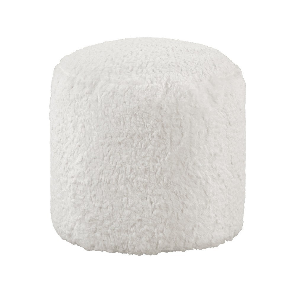 Modern Pouf Ottoman | 16" Round w Fluffy Off White Faux Fur Texture