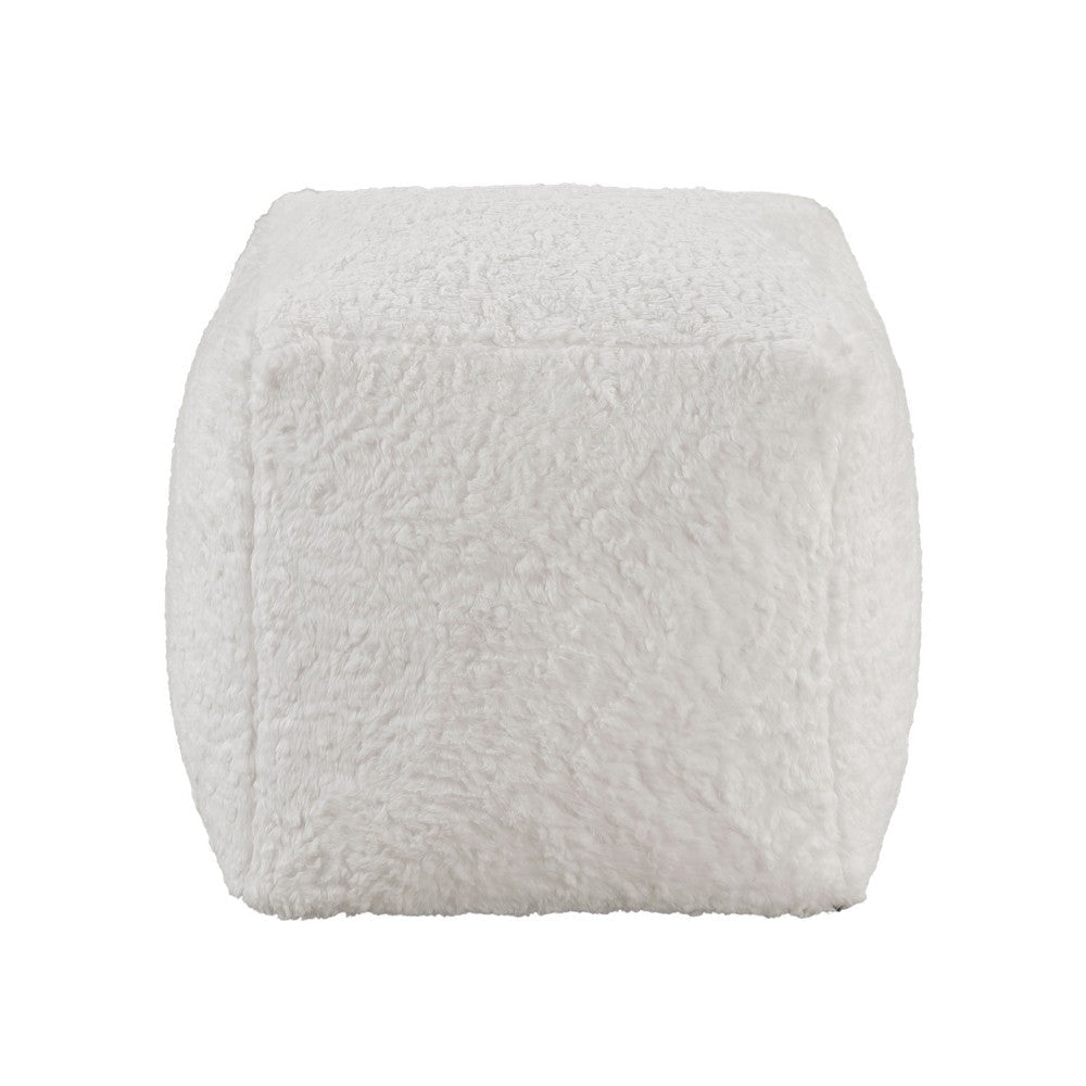Modern Pouf Ottoman | Plush Off White Faux Fur Texture | 16’’ Square BM336172