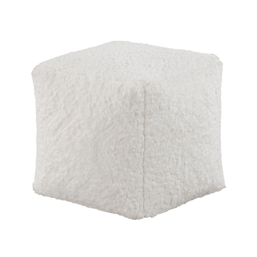 Modern Pouf Ottoman | Plush Off White Faux Fur Texture | 16’’ Square BM336172