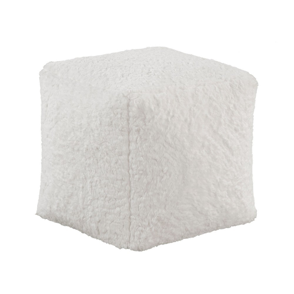 Modern Pouf Ottoman | Plush Off White Faux Fur Texture | 16" Square