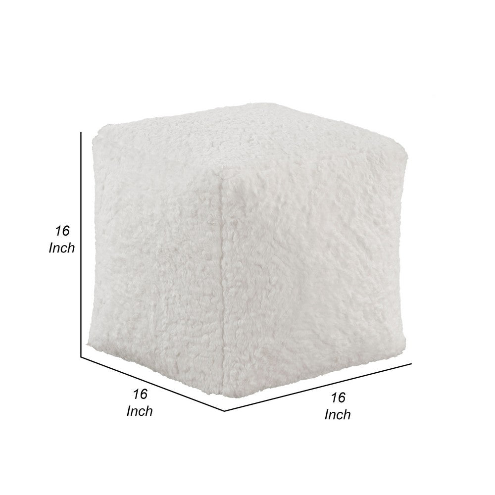 Modern Pouf Ottoman | Plush Off White Faux Fur Texture | 16’’ Square BM336172