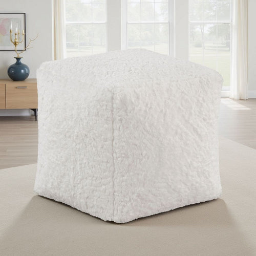 Modern Pouf Ottoman | Plush Off White Faux Fur Texture | 16" Square