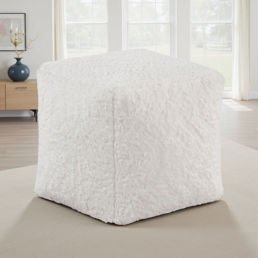 Modern Pouf Ottoman | Plush Off White Faux Fur Texture | 16" Square