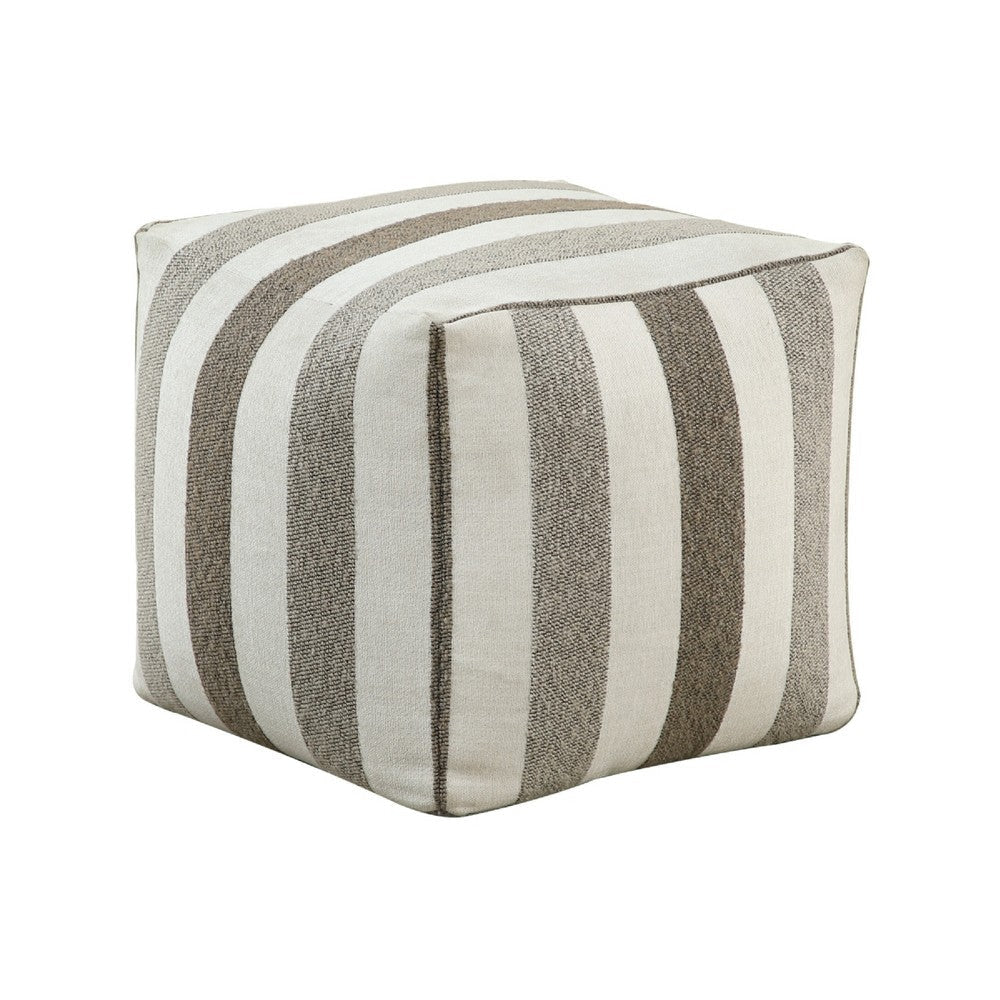 Modern Pouf Ottoman | White Taupe Wide Striped Jacquard | 16" Square
