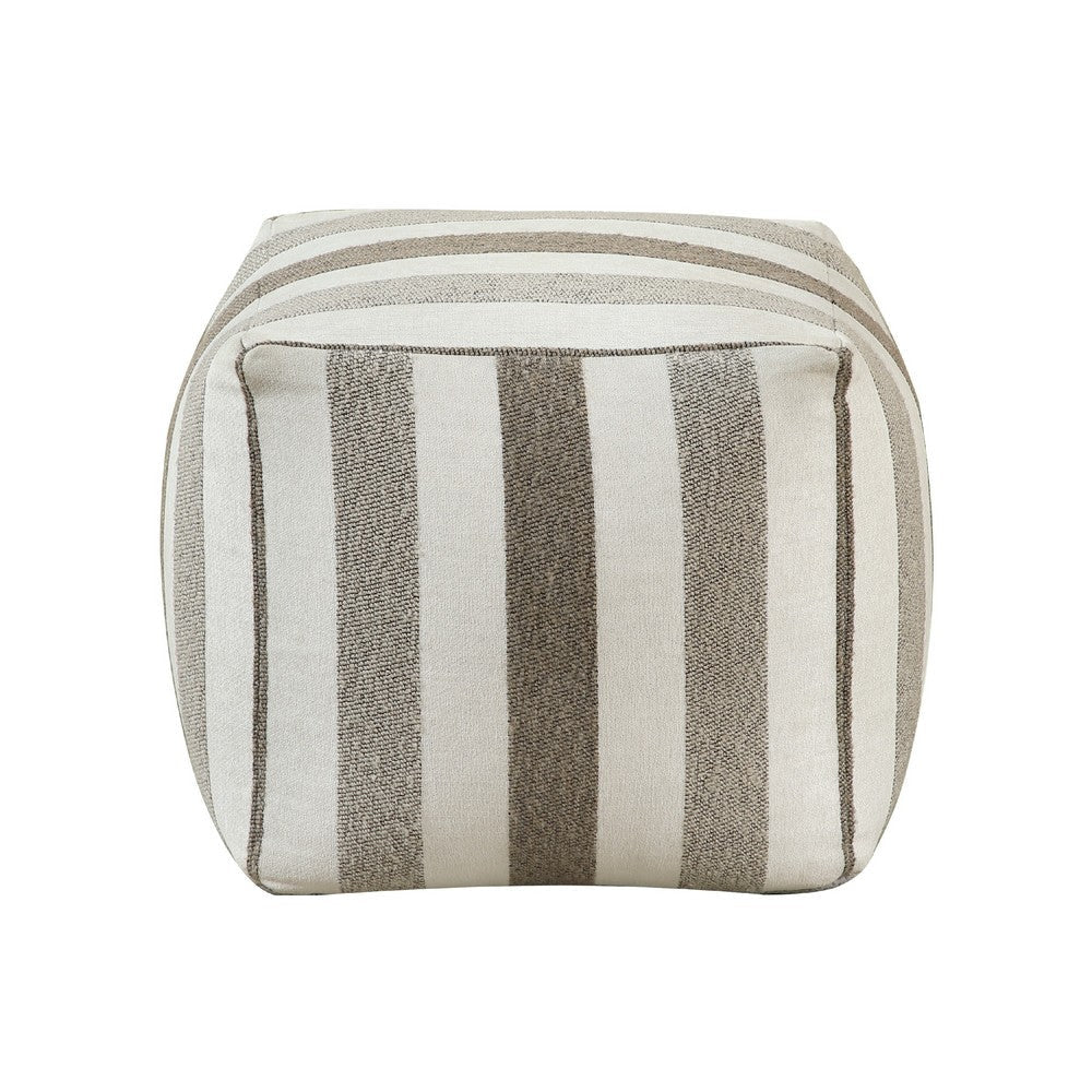 Modern Pouf Ottoman | White Taupe Wide Striped Jacquard | 16’’ Square BM336173