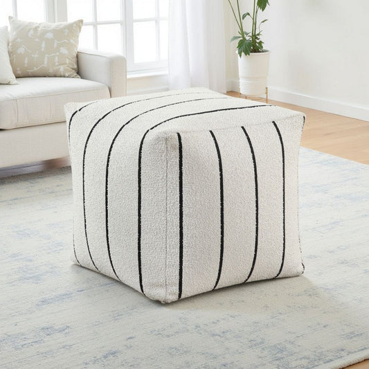 Modern Pouf Ottoman | White Black Striped Jacquard | 16" Square