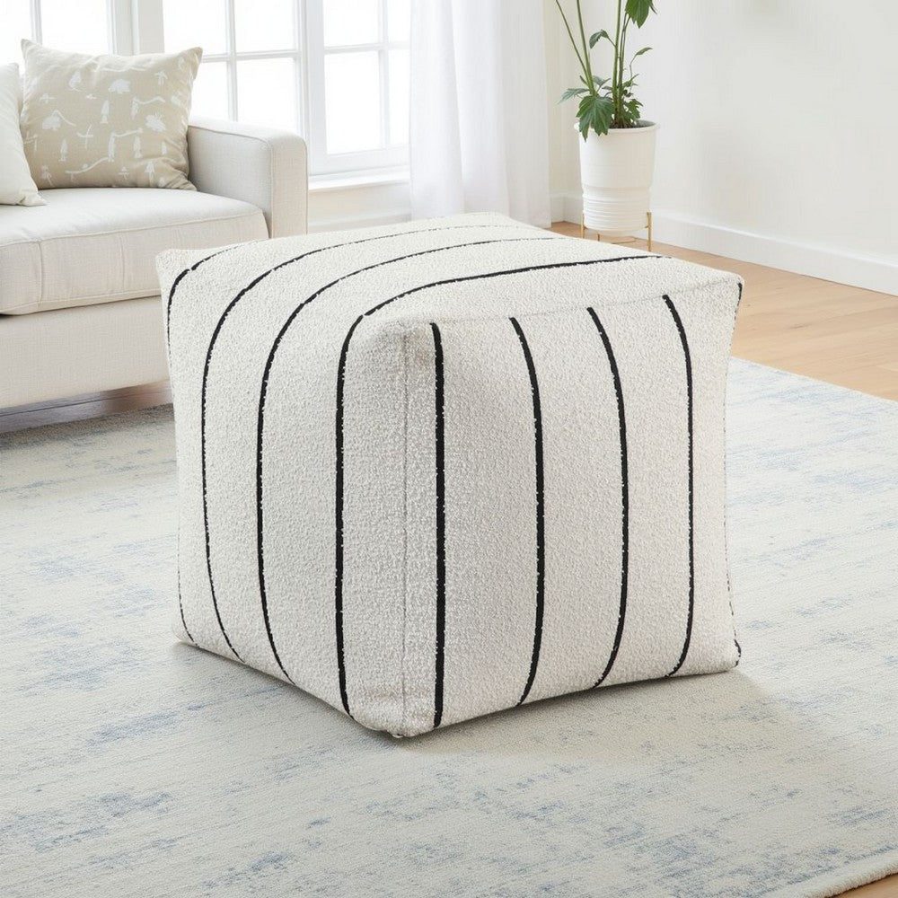 Modern Pouf Ottoman | White Black Striped Jacquard | 16" Square