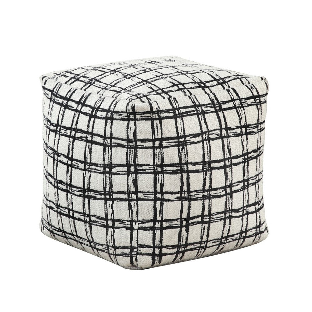 Modern Pouf Ottoman | White Black Check Pattern Jacquard | 16" Square