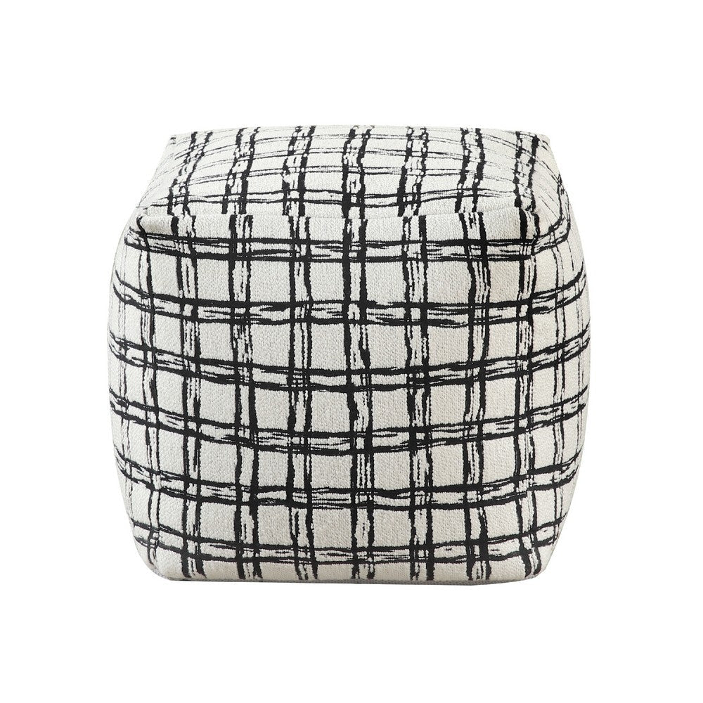 Modern Pouf Ottoman | White Black Check Pattern Jacquard | 16’’ Square BM336175