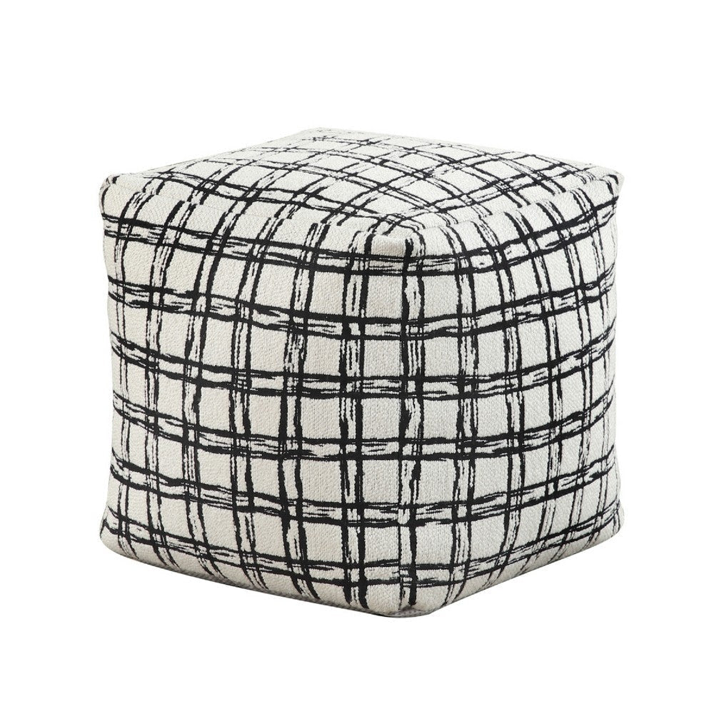 Modern Pouf Ottoman | White Black Check Pattern Jacquard | 16’’ Square BM336175