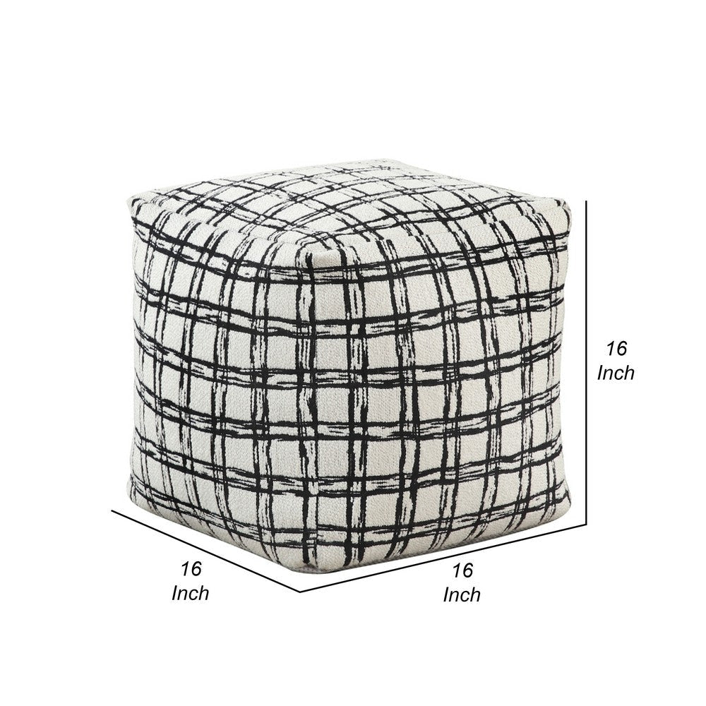 Modern Pouf Ottoman | White Black Check Pattern Jacquard | 16’’ Square BM336175