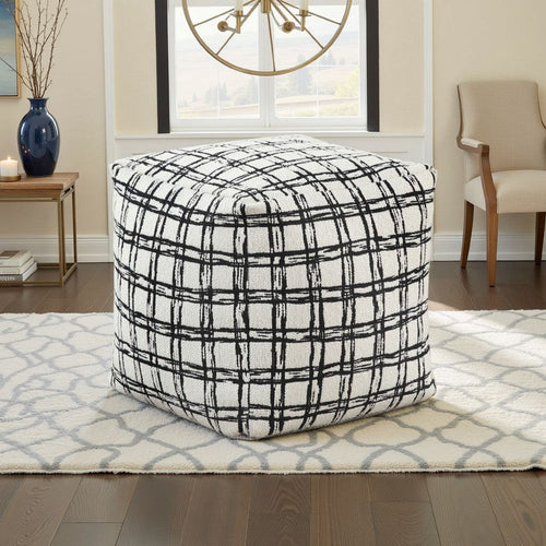 Modern Pouf Ottoman | White Black Check Pattern Jacquard | 16" Square