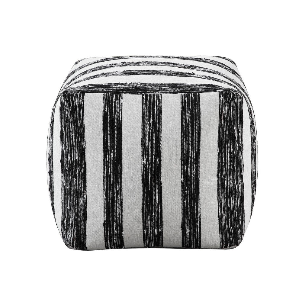 Modern Pouf Ottoman | Black White Wide Striped Jacquard | 16’’ Square BM336176
