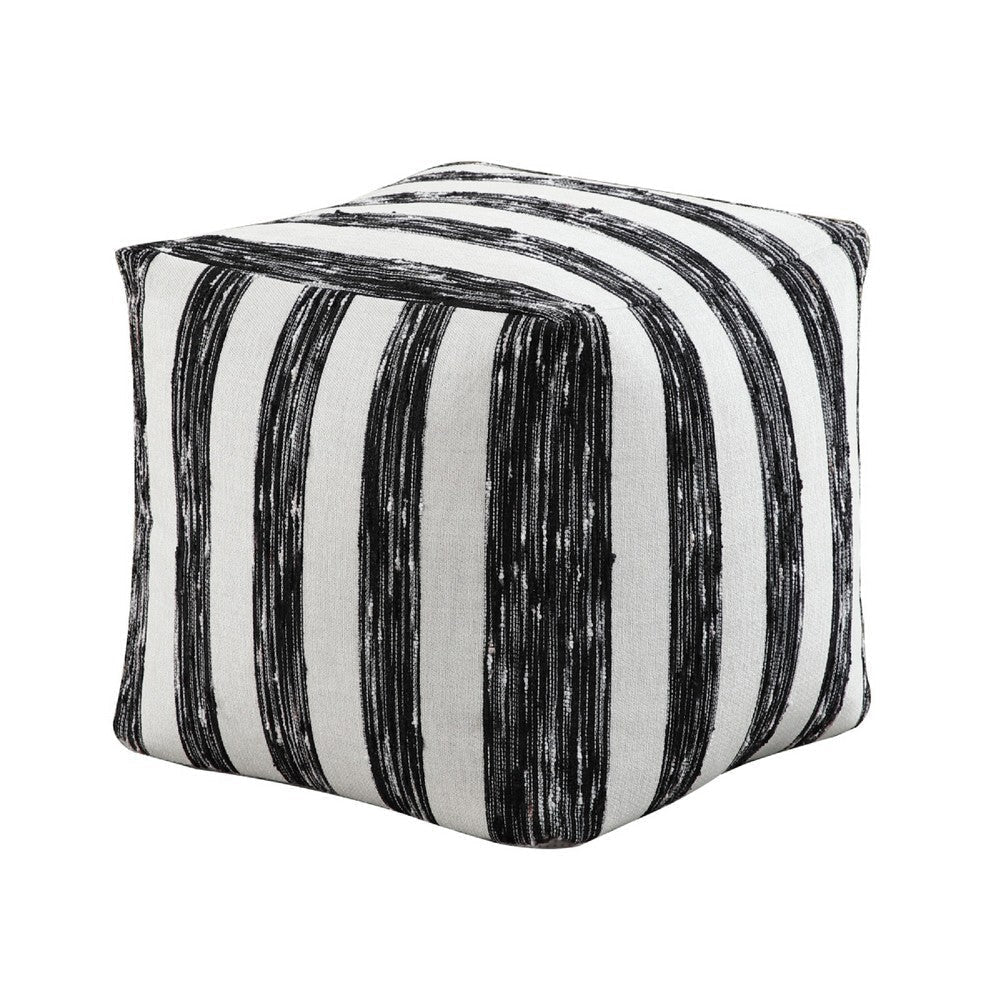 Modern Pouf Ottoman | Black White Wide Striped Jacquard | 16’’ Square BM336176