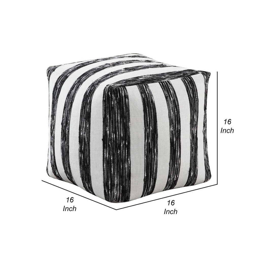 Modern Pouf Ottoman | Black White Wide Striped Jacquard | 16’’ Square BM336176