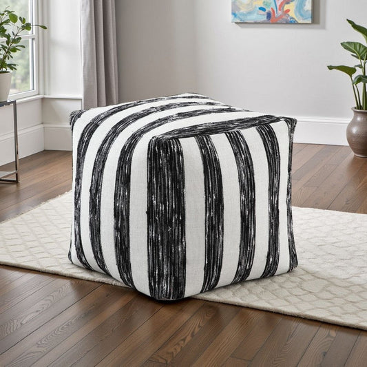 Modern Pouf Ottoman | Black White Wide Striped Jacquard | 16" Square