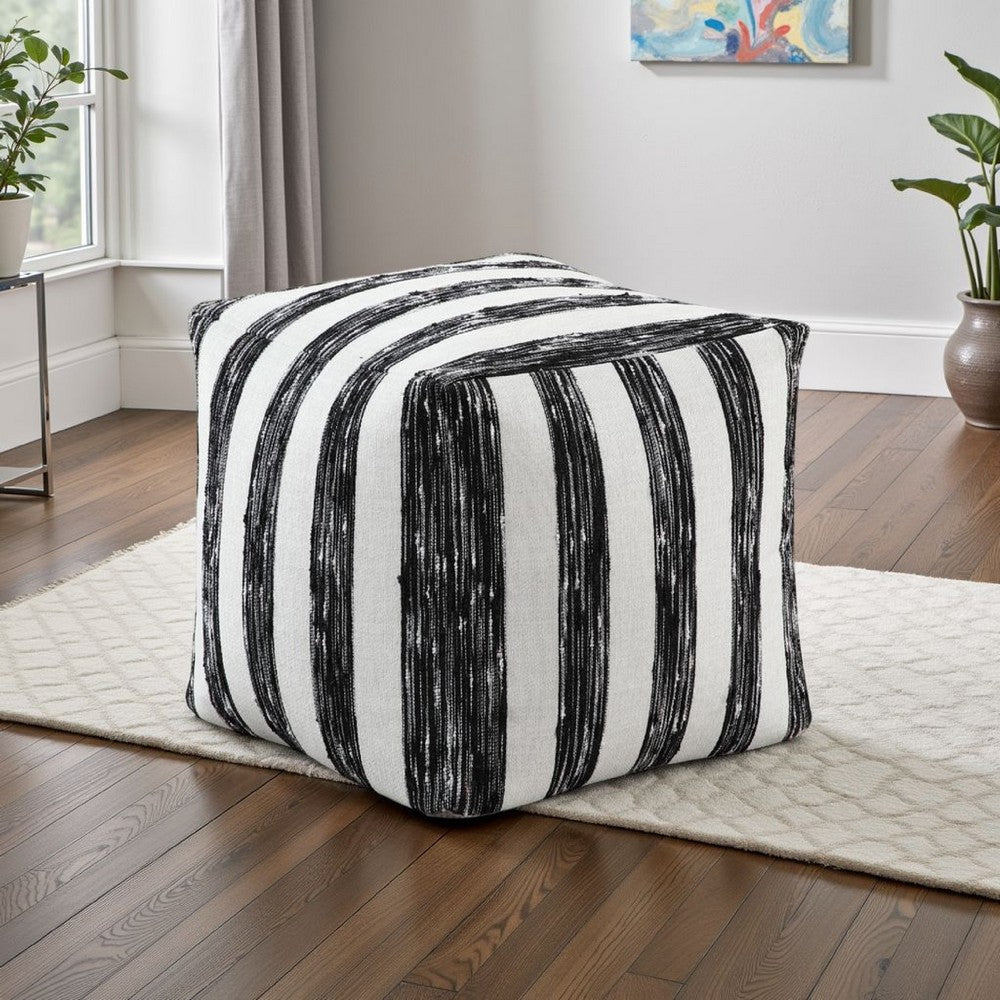 Modern Pouf Ottoman | Black White Wide Striped Jacquard | 16" Square