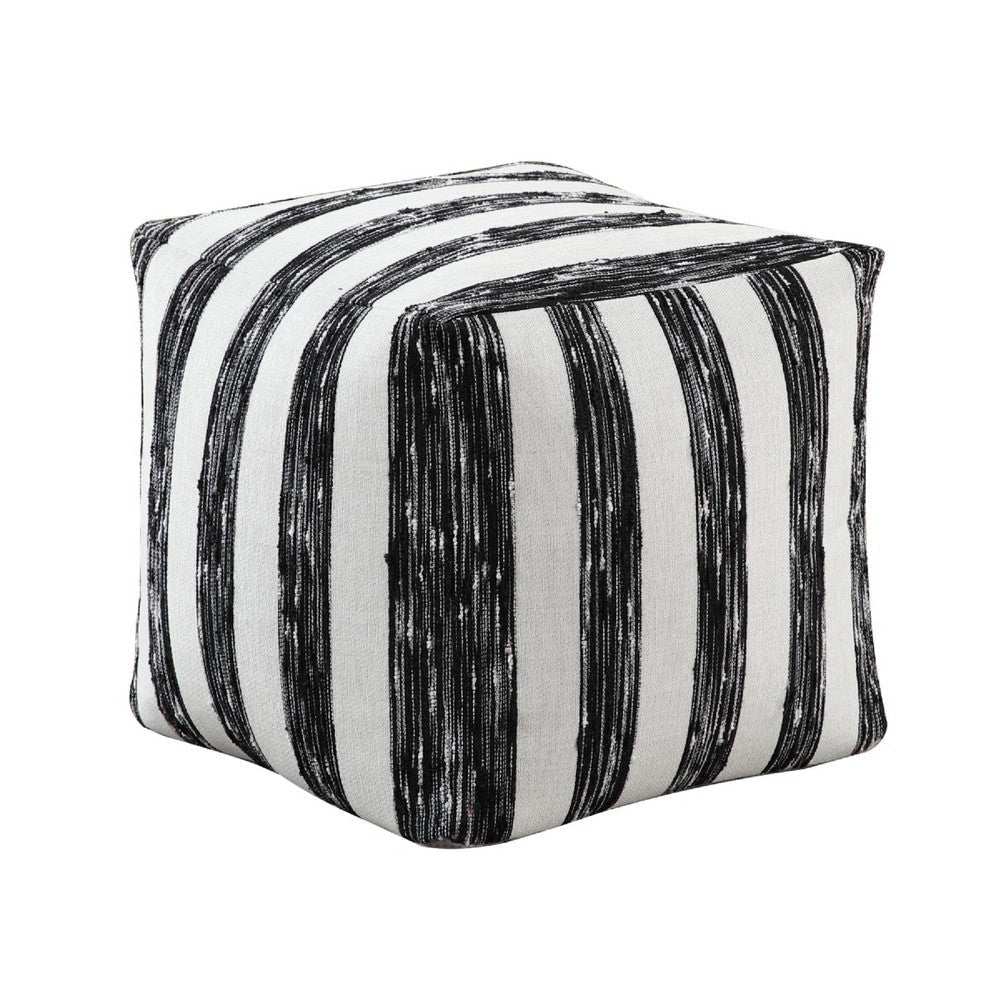 Modern Pouf Ottoman | Black White Wide Striped Jacquard | 16" Square