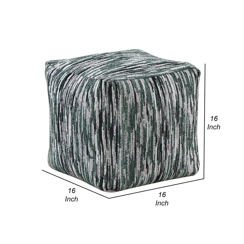 Modern Pouf Ottoman | Green White Curved Striped Jacquard | 16’’ Square BM336177