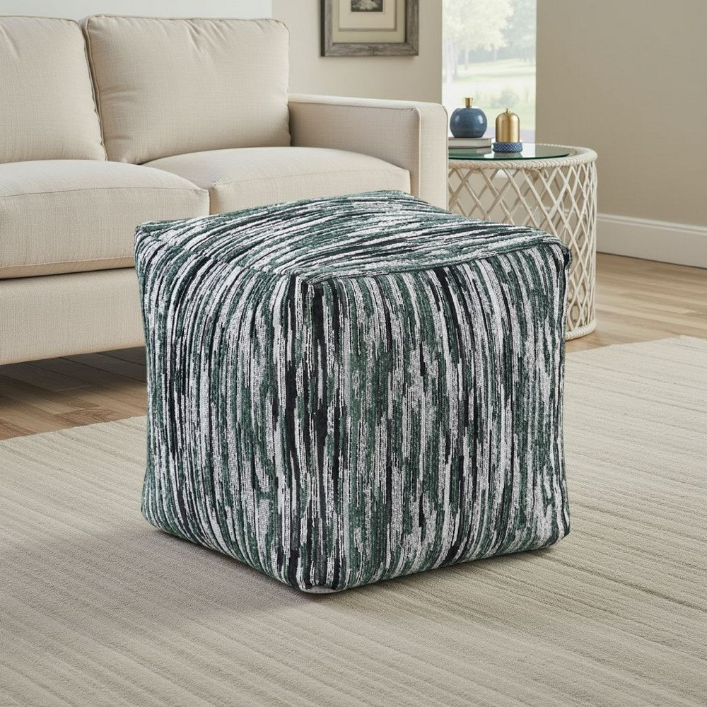 Modern Pouf Ottoman | Green White Curved Striped Jacquard | 16" Square