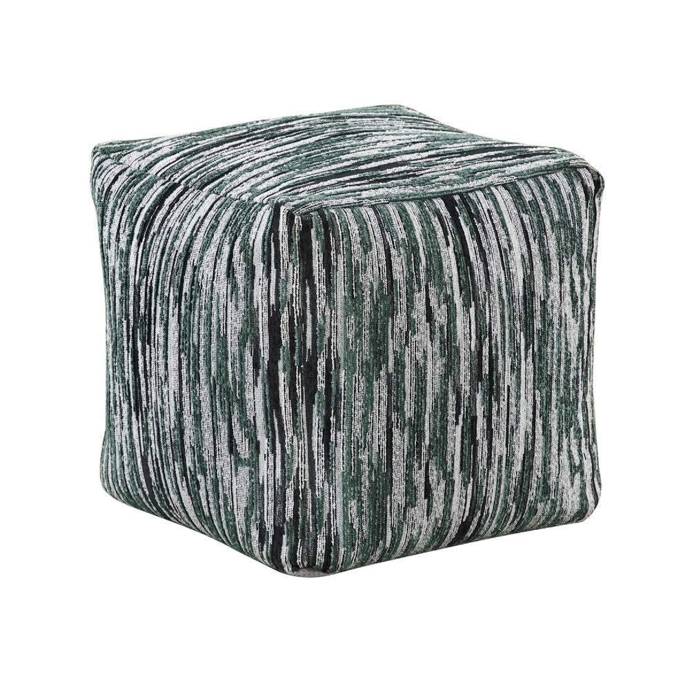 Modern Pouf Ottoman | Green White Curved Striped Jacquard | 16" Square