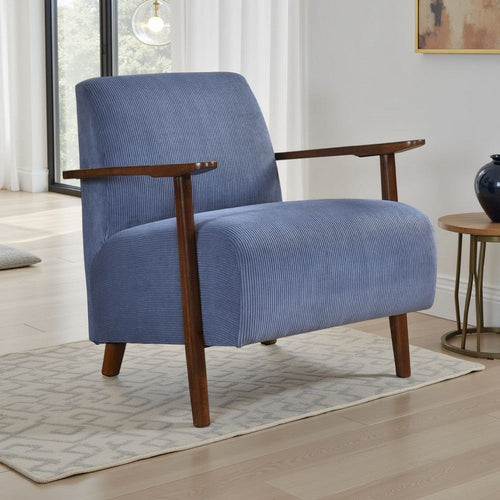Bernie Accent Club Chair | Blue Corduroy | Dark Brown Solid Wood Frame