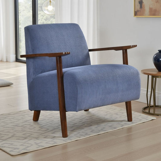 Bernie Accent Club Chair | Blue Corduroy | Dark Brown Solid Wood Frame