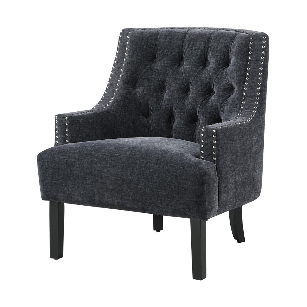 Daisie Accent Armchair | Button Tufted Black Chenille | Solid Wood BM336191