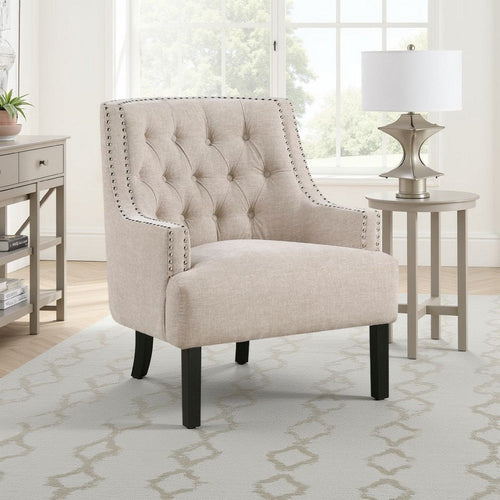Daisie Accent Armchair | Button Tufted Beige Chenille | Solid Wood