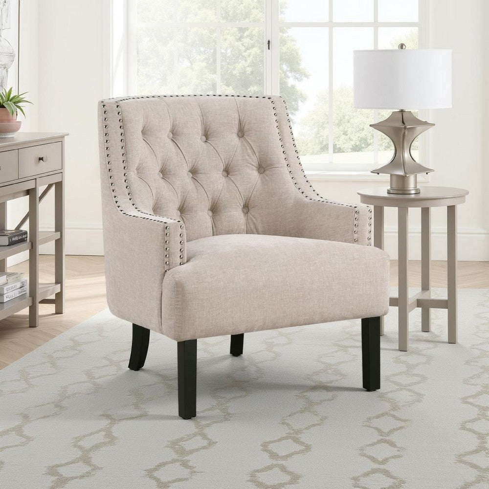 Daisie Accent Armchair | Button Tufted Beige Chenille | Solid Wood