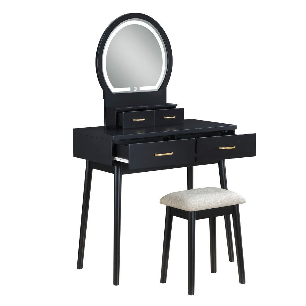 Anvy Vanity Desk Set with Mirror and Stool | 4 Drawers | Black Wood