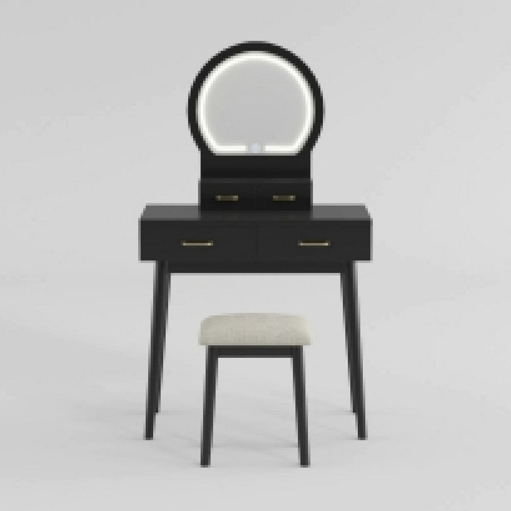 Anvy Vanity Desk Set with Mirror and Stool | 4 Drawers | Black Wood