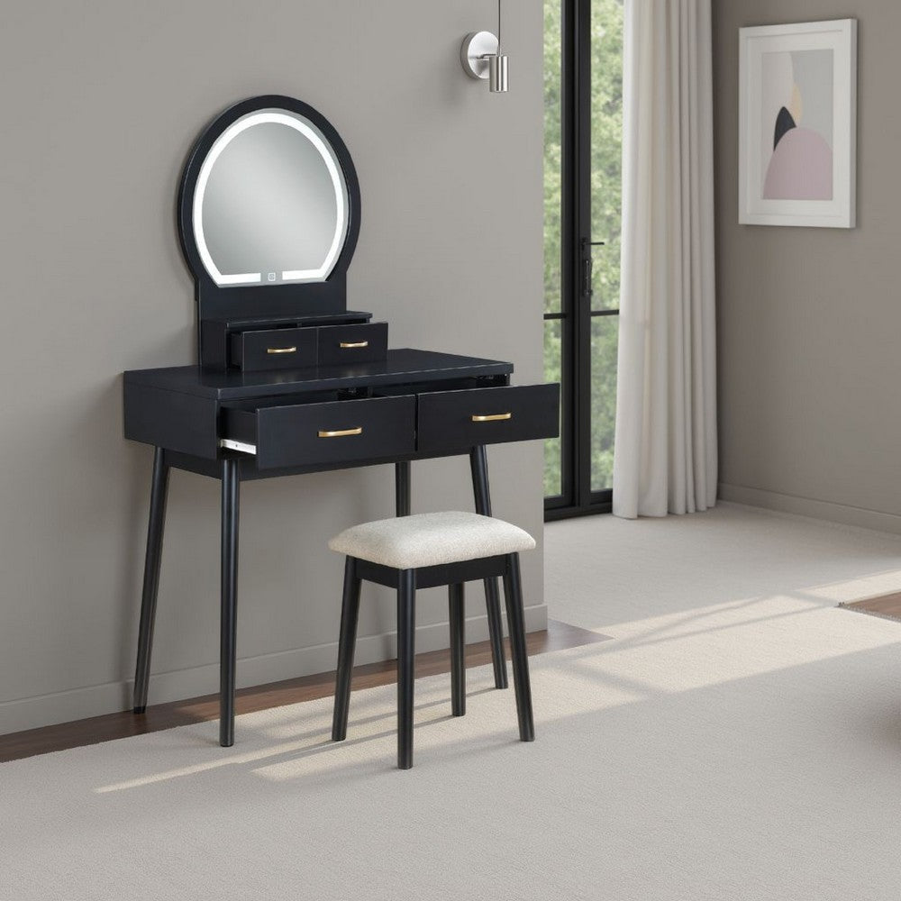 Anvy Vanity Desk Set with Mirror and Stool | 4 Drawers | Black Wood