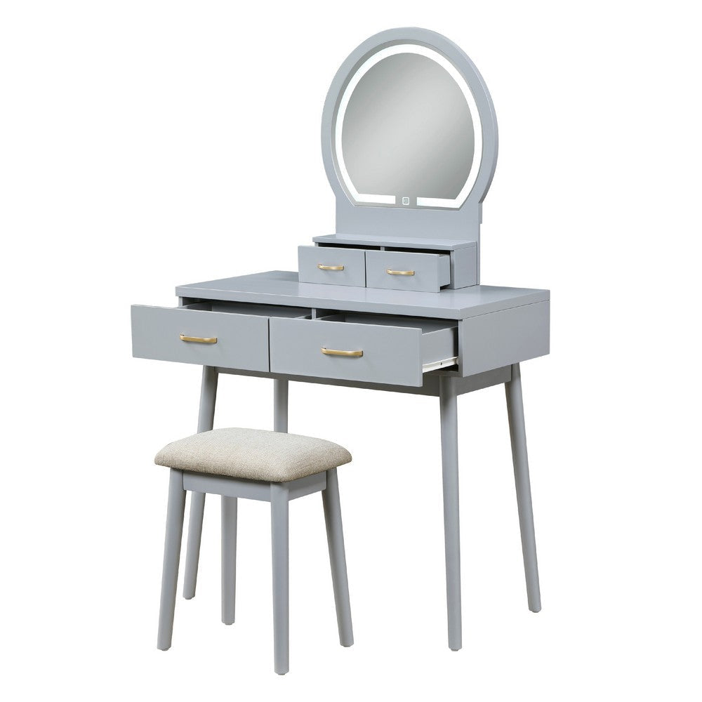 Anvy Vanity Desk Set with Mirror and Stool | 4 Drawers | Gray Wood