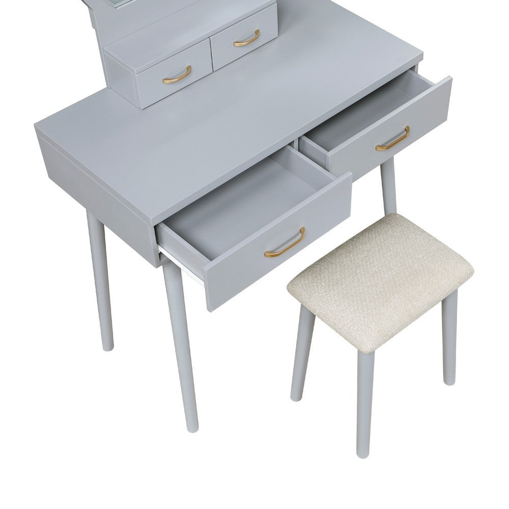 Anvy Vanity Desk Set with Mirror and Stool | 4 Drawers | Gray Wood
