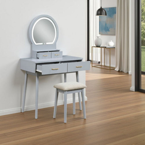 Anvy Vanity Desk Set with Mirror and Stool | 4 Drawers | Gray Wood