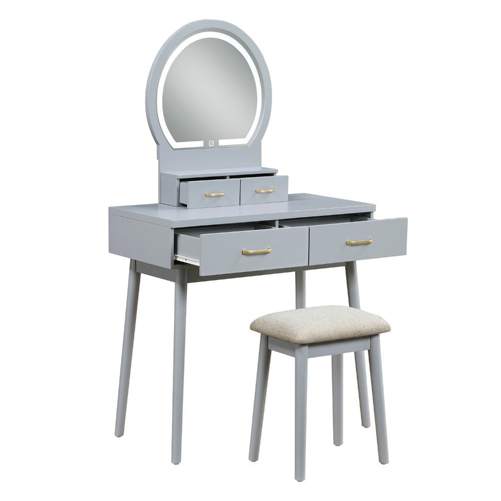 Anvy Vanity Desk Set with Mirror and Stool | 4 Drawers | Gray Wood