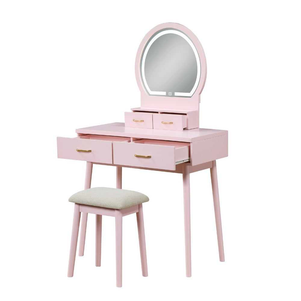 Anvy Vanity Desk Set with Mirror and Stool | 4 Drawers | Pink Wood