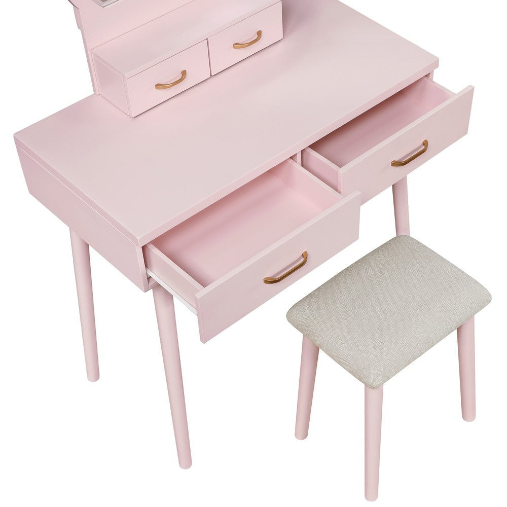 Anvy Vanity Desk Set with Mirror and Stool | 4 Drawers | Pink Wood