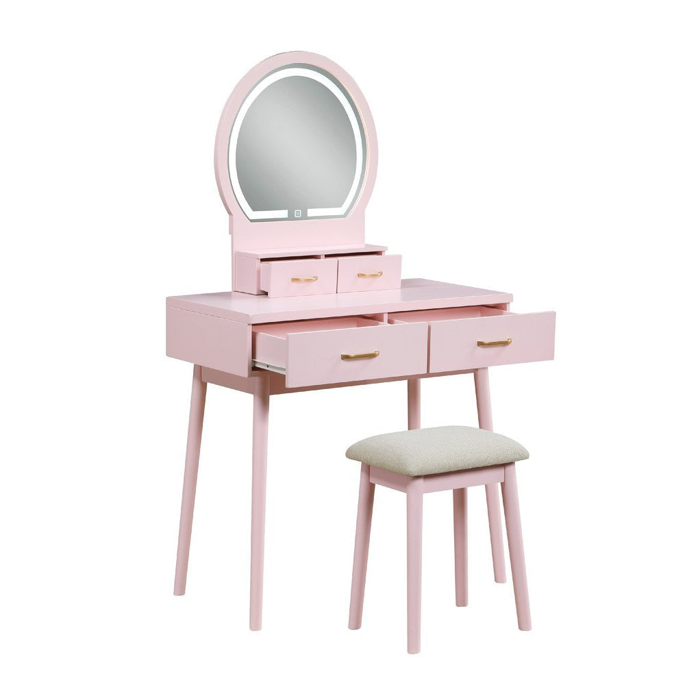 Anvy Vanity Desk Set with Mirror and Stool | 4 Drawers | Pink Wood