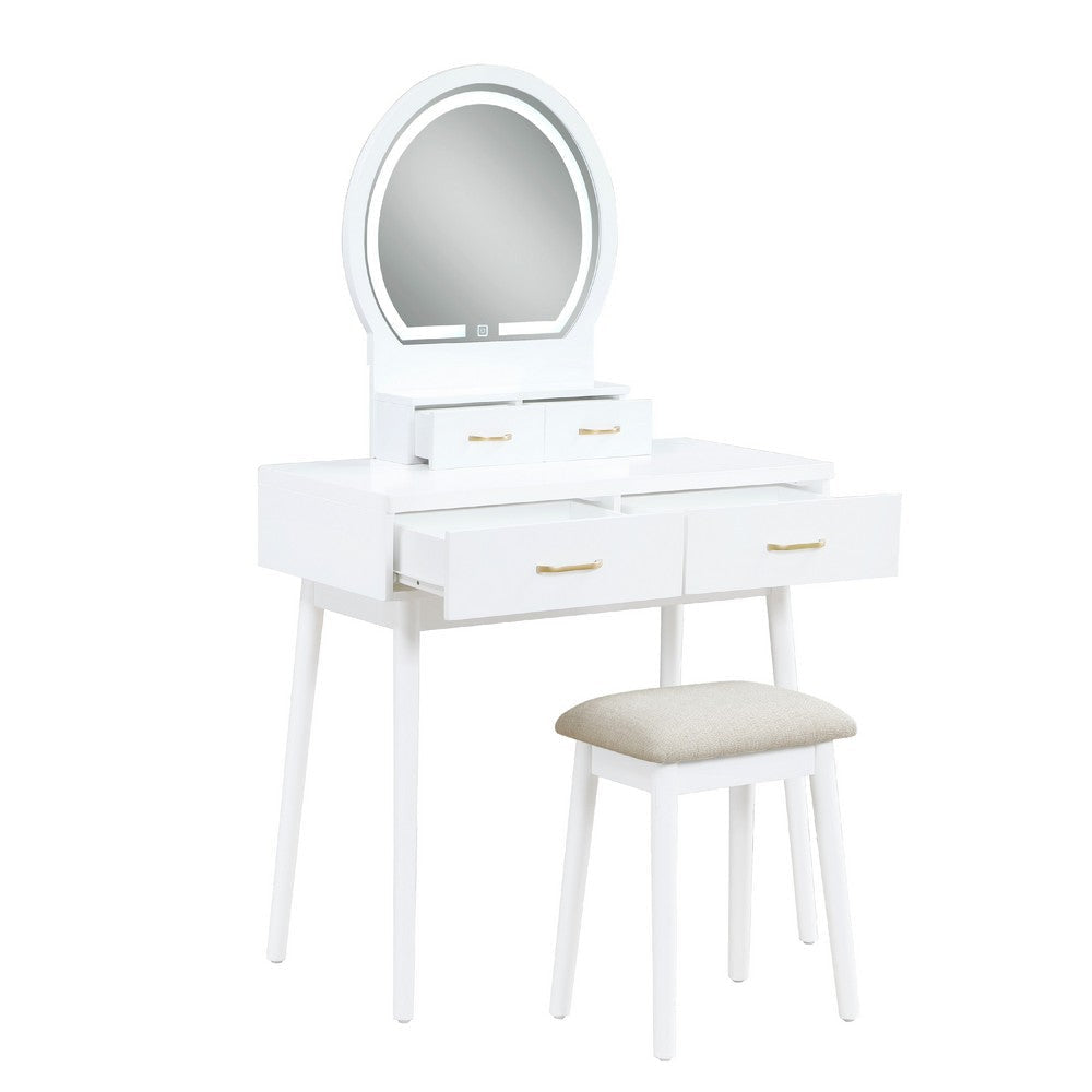 Anvy Vanity Desk Set with Mirror and Stool | 4 Drawers | White Wood