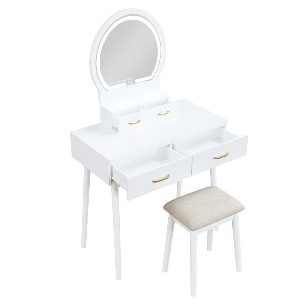 Anvy Vanity Desk Set with Mirror and Stool | 4 Drawers | White Wood