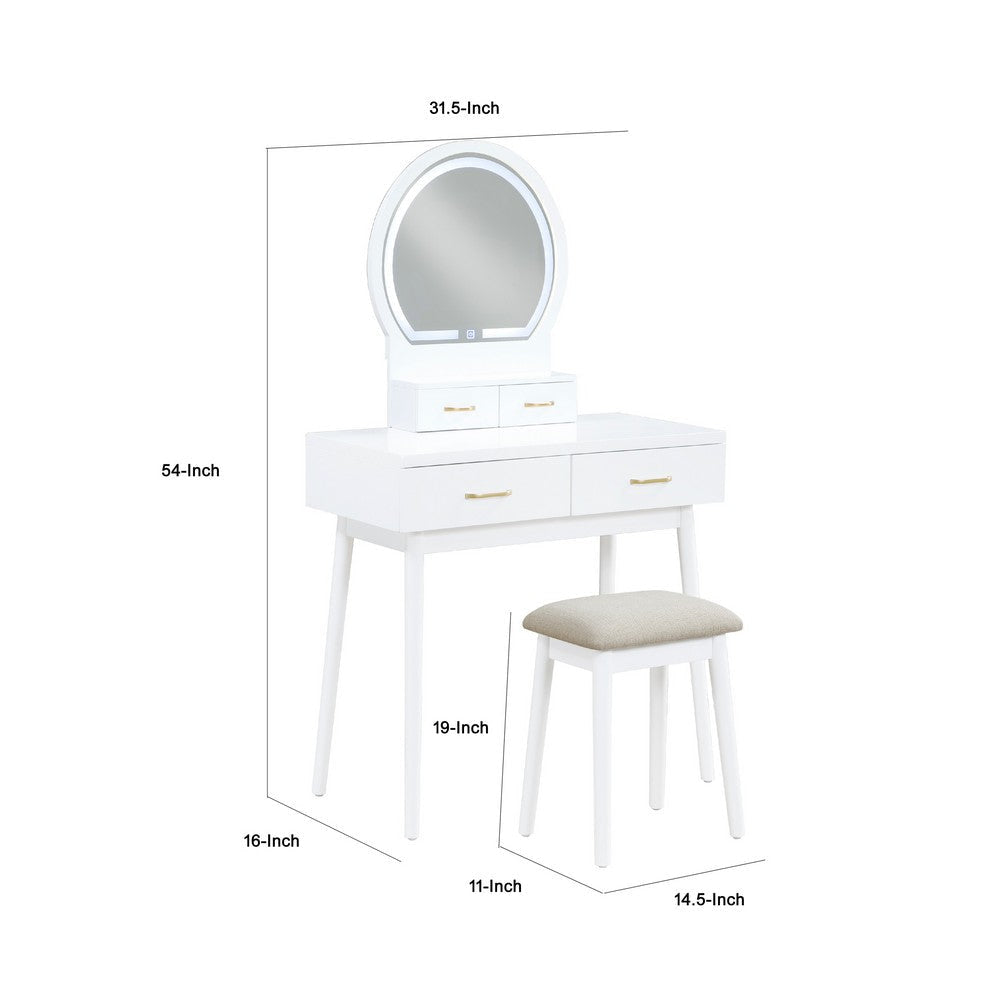 Anvy Vanity Desk Set with Mirror and Stool | 4 Drawers | White Wood